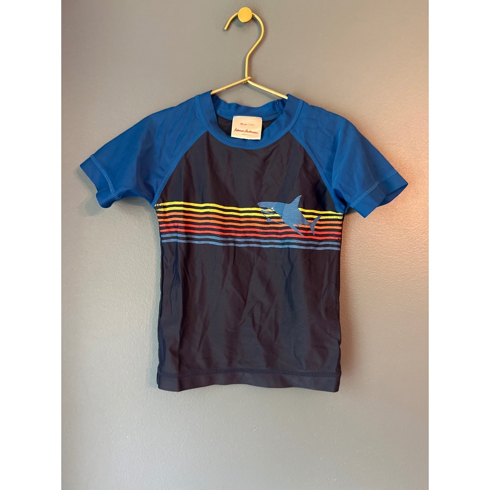 Hanna Andersson Boys Shark Stripe Rash Guard Blue Swim Shirt 90cm US 3